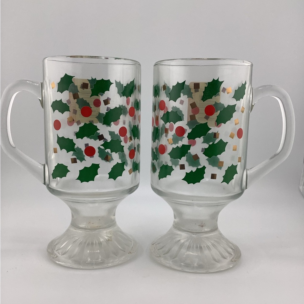 (2) Luminarc Christmas Winter Holly and Berry Glass Pedestal Mugs